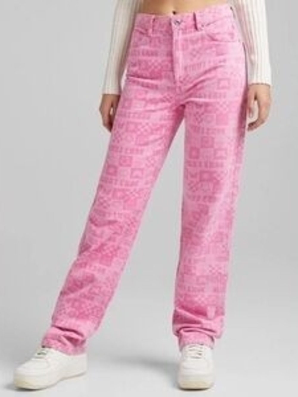 Bershka Pink Graphic Jeans - Y2K Aesthetic "Don't Panic" Checkerboard Print
